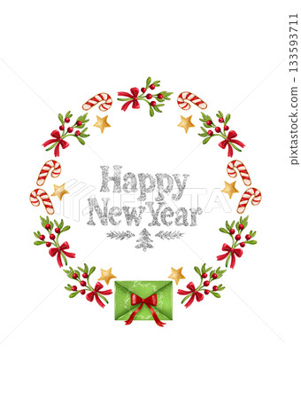 A cute New Year's card with a greeting message and a wreath made of sweets, a bouquet, and a letter with a red bow for Santa. A cute New Year's card with a greeting message and a wreath made of sweets, a bouquet, and a letter with a red bow for Santa. 133593711