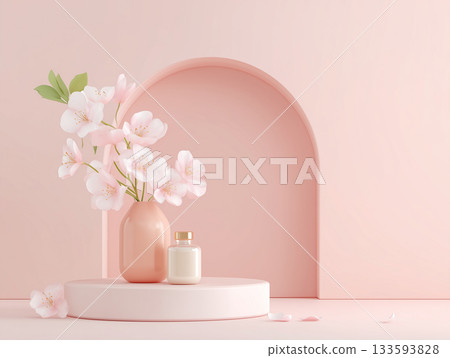 粉紅色背景下，簡約的花卉和瓶子優雅地擺放著。 133593828