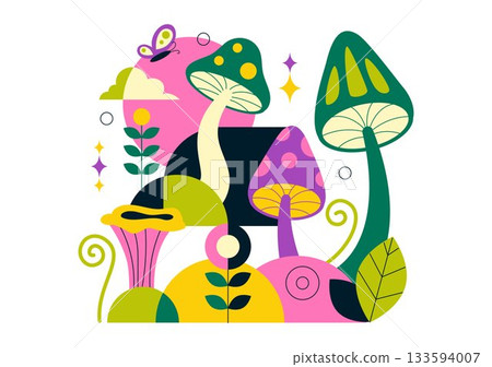 Mushrooms Vector Illustration Featuring Different Mushrooms, Grass And Insects In A Flat Style Cartoon Background Mushrooms Vector Illustration Featuring Different Mushrooms, Grass And Insects In A Flat Style Cartoon Background 133594007