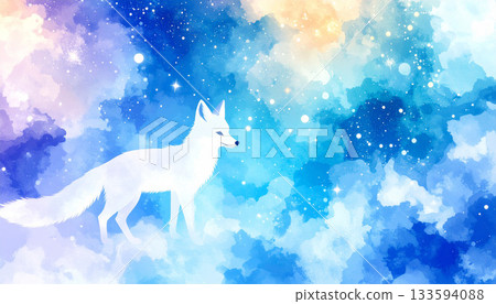 Fantasy illustration of a white fox walking through the starry sky 133594088