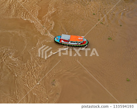 River Boats Aerial View Waterway Transport Thai River from Above flood River Boats Aerial View Waterway Transport Thai River from Above flood 133594193