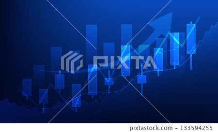 stock market trends and financial investment. candlesticks and bar chart with arrow indicator on blue background stock market trends and financial investment. candlesticks and bar chart with arrow indicator on blue background 133594255