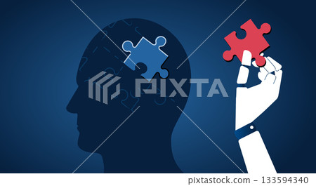 AI is taking away human thinking. Illustration of an artificial intelligence hand removing a puzzle piece from a human. AI is taking away human thinking. Illustration of an artificial intelligence hand removing a puzzle piece from a human. 133594340