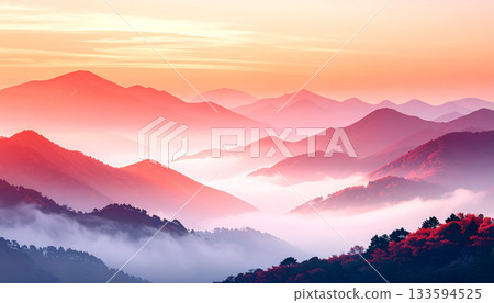 沐浴在朝霞中的夢幻山脈 133594525