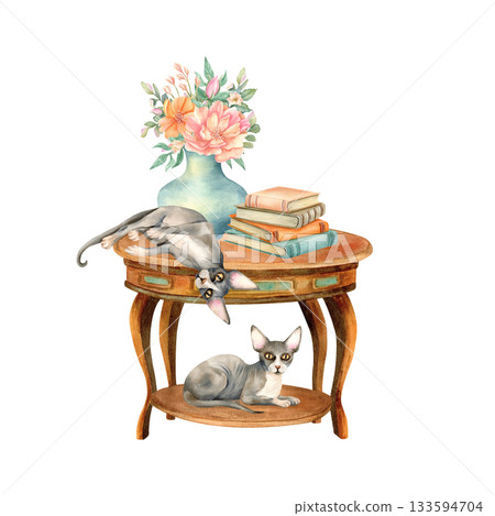 Two sphynx cat on round wooden vintage table with stack of books and vase of flowers. Cozy home interior with pet. Watercolor isolated illustration, hand drawn furniture with set literature, peonies 133594704