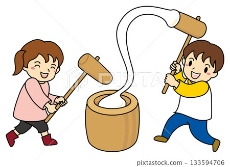 Illustration of a boy and girl pounding stretchy mochi Illustration of a boy and girl pounding stretchy mochi 133594706