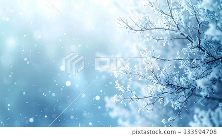 雪花飄落，枝頭覆霜，背景閃閃發光，構成一幅冬日風景畫。 133594708