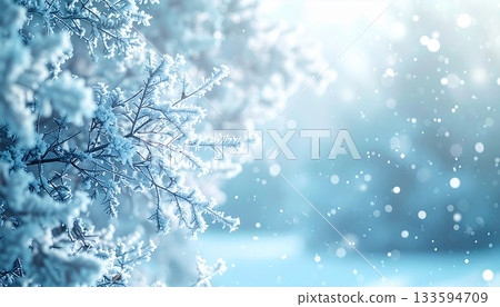 雪花飄落，枝頭覆霜，背景閃閃發光，構成一幅冬日風景畫。 133594709