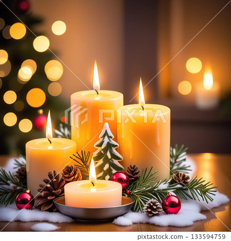 閃爍的蠟燭和燭光搖曳的聖誕樹 閃爍的蠟燭和燭光搖曳的聖誕樹 133594759