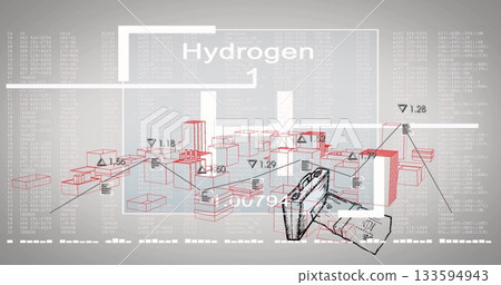 Displaying 3D red blocks annotating hydrogen metrics on virtual schema, featuring fuel cell unit Displaying 3D red blocks annotating hydrogen metrics on virtual schema, featuring fuel cell unit 133594943