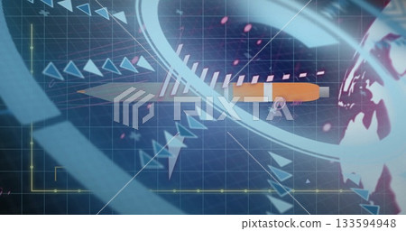 Displaying central orange projectile shape rotating on blue grid in HUD interface, with arrow icons 133594948