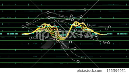 Displaying multilayer waveform pulsing on dashboard, with white nodes, connectors and green grid 133594951