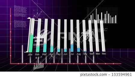 3D bar graph presenting monthly data in virtual interface, with line overlay and floating panels 133594961