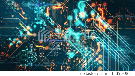 Displaying abstract glowing circuit network on interface with luminous nodes and code snippets Displaying abstract glowing circuit network on interface with luminous nodes and code snippets 133594963