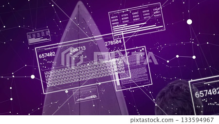 Viewing IT professional analyzing holographic data panels in cyber network, with numeric readouts 133594967
