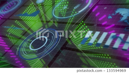 Floating circular gauge display panel in virtual dashboard, with green dot-matrix columns 133594969