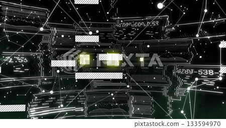 Rendering 3D mesh in dark green space, with nodes, slender lines, panels and yellow code blocks 133594970
