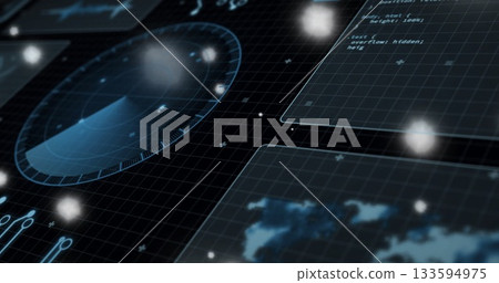 Displaying radar scanning data with rotating sector in HUD with CSS code, world map, copy space Displaying radar scanning data with rotating sector in HUD with CSS code, world map, copy space 133594975