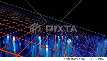 Stretching glowing red wireframe grid toward green horizon line in virtual space, with blue bars Stretching glowing red wireframe grid toward green horizon line in virtual space, with blue bars 133594987