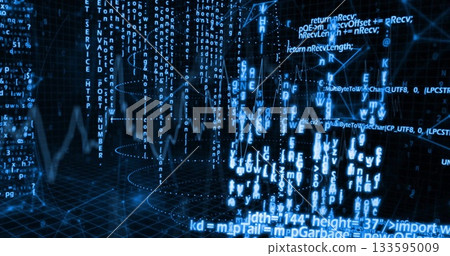 Streaming code snippets over grid floor, with alphanumeric streams forming waveform data tunnel 133595009