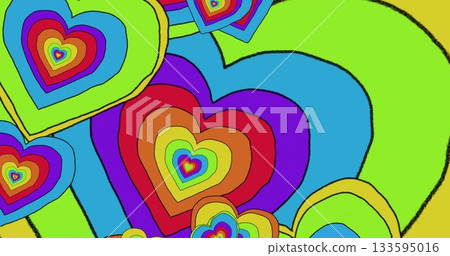 Displaying concentric heart shapes rotating in abstract digital design, with rainbow layers 133595016