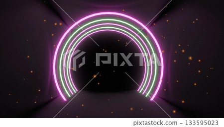 Glowing three luminous neon arches forming futuristic tunnel, with floating orange particles 133595023