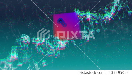 Floating magenta square drifting through virtual space, with neon mesh of interconnected nodes Floating magenta square drifting through virtual space, with neon mesh of interconnected nodes 133595024