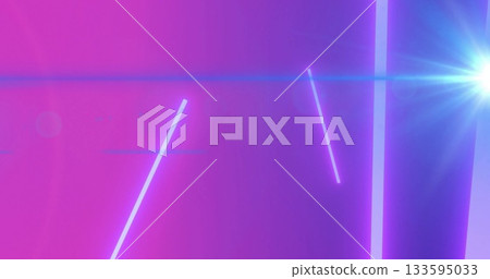 Glowing neon bars casting horizontal light streak in abstract scene, with starburst lens flare 133595033