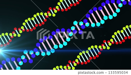 Displaying DNA helix strands flowing across dark backdrop, with colored hexagons, rods, lens flare 133595034