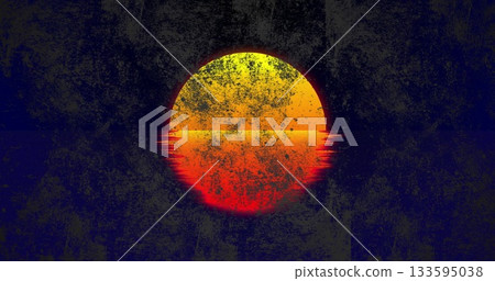 Shining stylized sun circle glowing at horizon, with reflection on water and grunge texture overlay 133595038