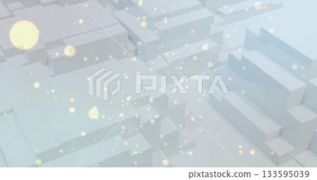 Drifting abstract array of white and grey prisms in virtual 3D scene, with golden particles 133595039