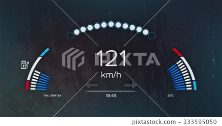 Displaying instrument cluster on car dashboard, with speedometer, indicator lights and gauges 133595050