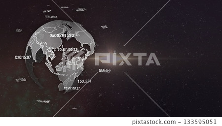 Rotating digital earth globe revealing continent outlines in outer space, data overlays, copy space 133595051