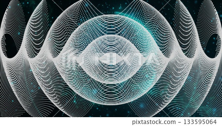 Forming oscillating dot waves in digital space, showing central spherical lattice and cyan sparks 133595064