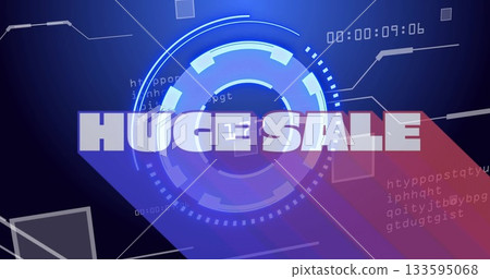 Showing HUGE SALE overlaying circular HUD on graphic template, with code snippets, timer digits 133595068