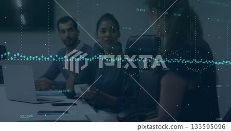 Discussing businesswoman analyzing data waves at office boardroom with laptop phone coffee mug Discussing businesswoman analyzing data waves at office boardroom with laptop phone coffee mug 133595096