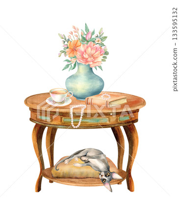 Interior fragment with pet, book on retro table, cup of tea, vase with flowers and pearl jewelry. Sphynx cat hangs down from animal bedding. Watercolor isolated illustration in vintage cozy design Interior fragment with pet, book on retro table, cup of tea, vase with flowers and pearl jewelry. Sphynx cat hangs down from animal bedding. Watercolor isolated illustration in vintage cozy design 133595132
