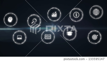Displaying nine white circular icons on dark digital interface, with innovation and analytics 133595147