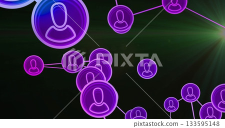 Connecting neon purple user profile icons with lines in dark digital space, with green streaks Connecting neon purple user profile icons with lines in dark digital space, with green streaks 133595148