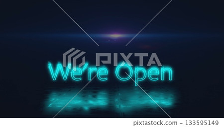 Glowing teal neon sign casting reflections on tiled floor in studio, with horizontal light flare 133595149