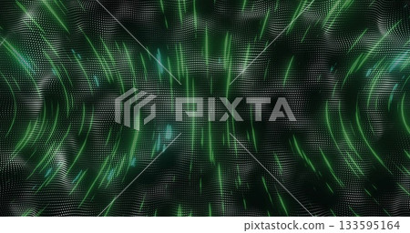 Rippling digital wave undulating in virtual space, with glowing green light streaks Rippling digital wave undulating in virtual space, with glowing green light streaks 133595164