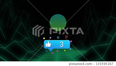 Hovering blue alert bubble showing thumbs-up three above neon grid floor with colorful shapes 133595167