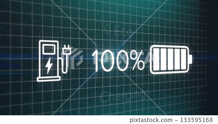 Displaying dashboard showing 100% charge at interface, with battery, plug and lightning bolt icons 133595168
