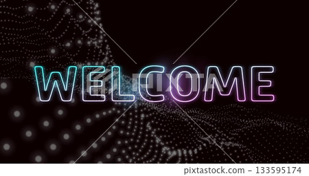 Displaying neon WELCOME text floating above particle grid in dark space, tech welcome screen Displaying neon WELCOME text floating above particle grid in dark space, tech welcome screen 133595174