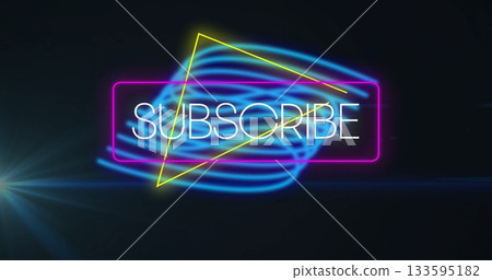 Neon-lit SUBSCRIBE sign glowing in studio backdrop, with blue swirls and magenta yellow borders Neon-lit SUBSCRIBE sign glowing in studio backdrop, with blue swirls and magenta yellow borders 133595182
