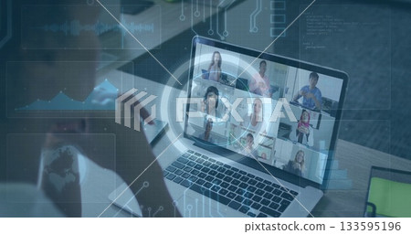 Watching mature woman viewing meeting grid on laptop at home office, with smartphone and overlays Watching mature woman viewing meeting grid on laptop at home office, with smartphone and overlays 133595196