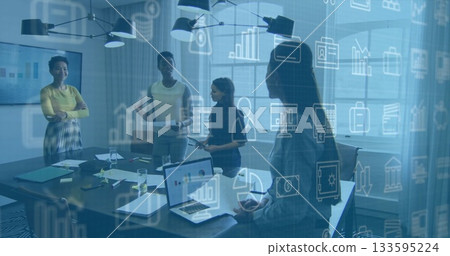 Discussing four women in suits collaborating at office conference table, with laptops, data overlay 133595224