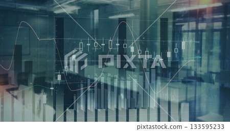 Displaying financial data overlay over desks in office, with bar charts, candlesticks, price trends Displaying financial data overlay over desks in office, with bar charts, candlesticks, price trends 133595233
