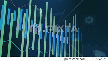 Displaying vertical bar and line charts on data screen, featuring binary code, gear and globe icons 133595234