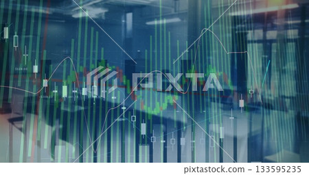 Displaying financial chart overlay in office: desks, candlesticks, histogram, trend line, labels 133595235